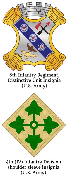 8th Infantry Regiment, Distinctive Unit Insignia (top) and the 4th (IV) Infantry Division shoulder sleeve insignia (bottom) (U.S. Army)